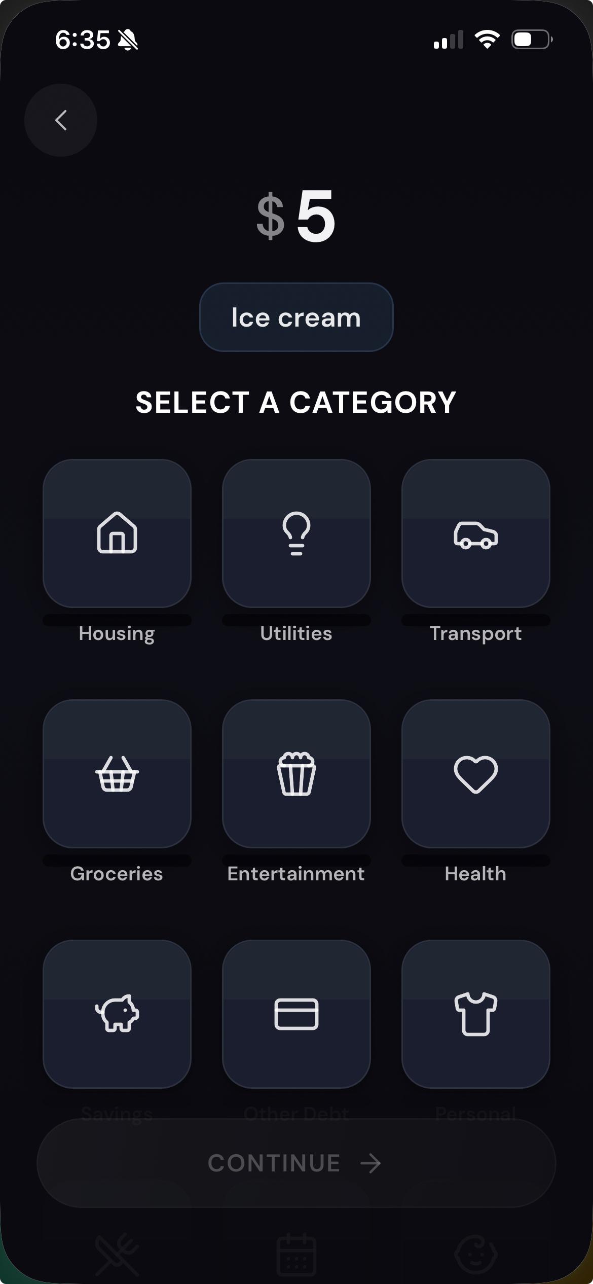 Selecting a category for a $5 ice cream expense